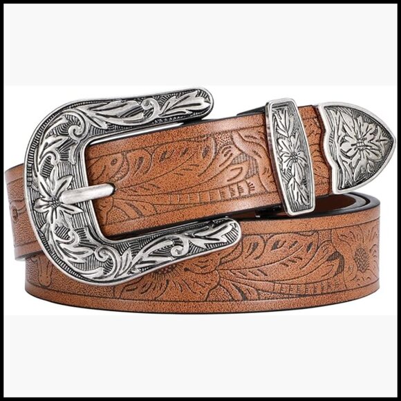 Vintage Floral Carved Western Belt for Women in PU Leather main image 7